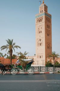 a horse drawn carriage in front of a tall tower